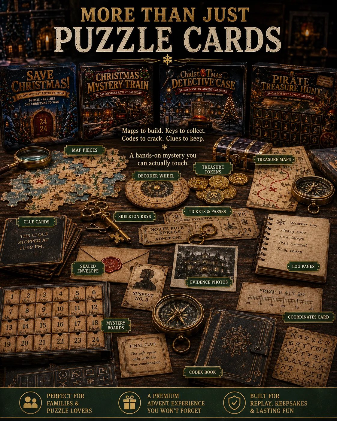 Hands-on maps, clues, keys, decoder pieces and mystery objects