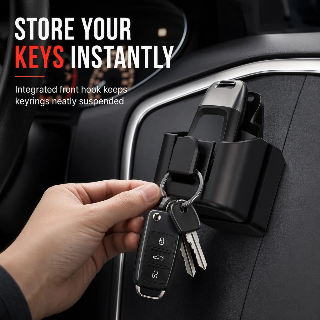 Heavy keychain hanging securely from tough ABS hook