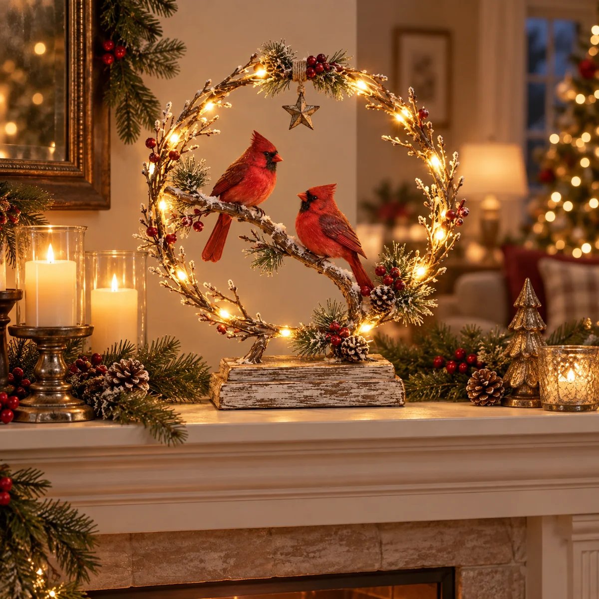 Two red cardinals in a lighted circular branch frame on a decorated mantel