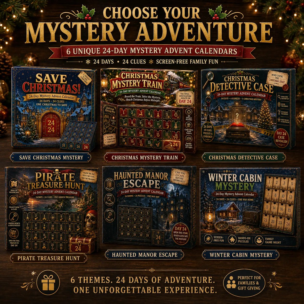 Choose from six mystery adventure themes