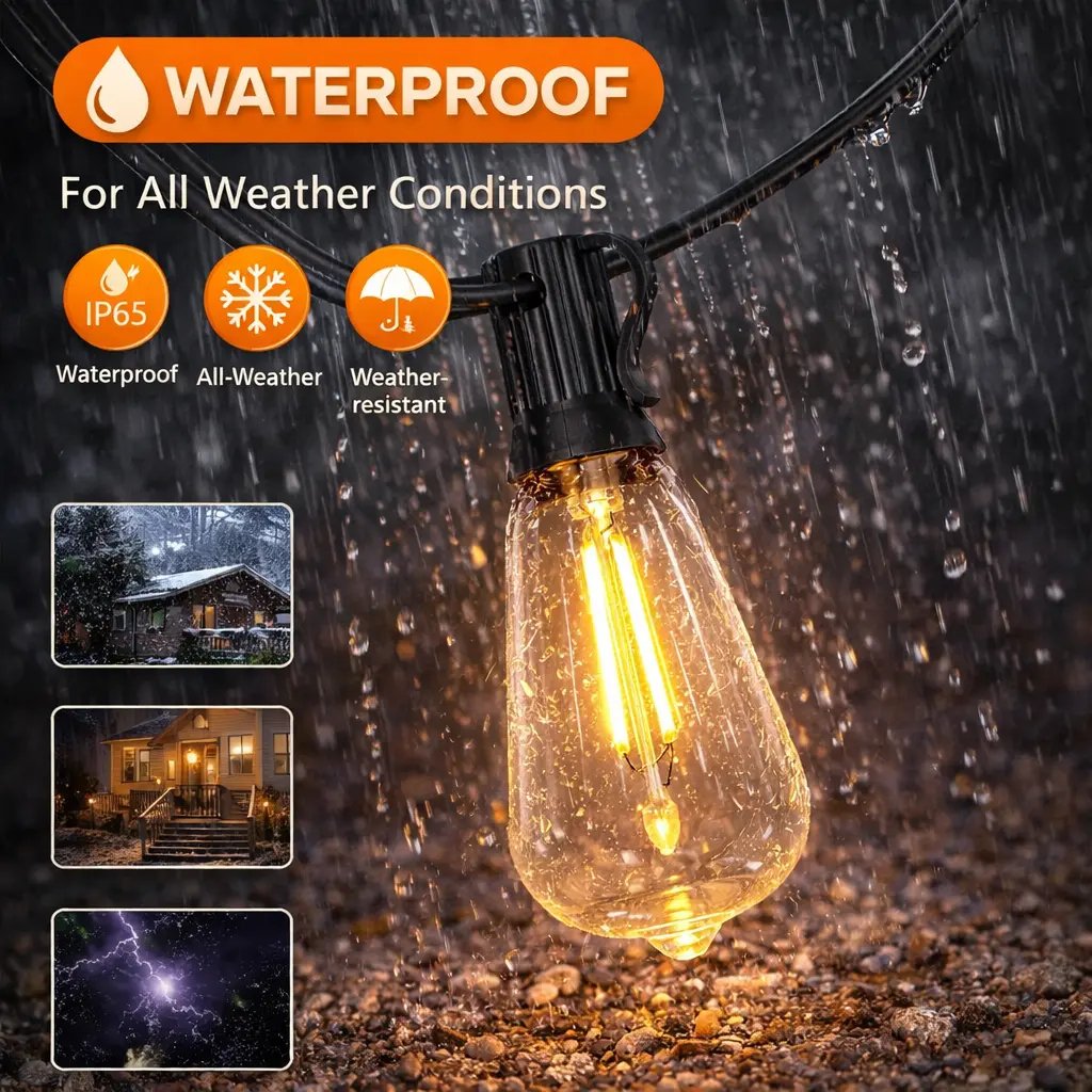 IP65 weather-resistant solar outdoor string lights in rain
