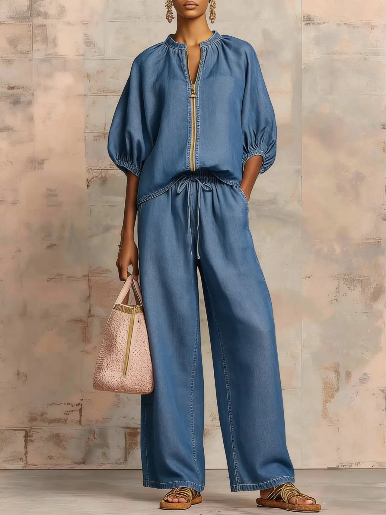 Women's Matching Lounge Set Quarter Zip Pullover Top Loose Wide Leg Pants 2 Piece Sweatsuit Casual Outfit