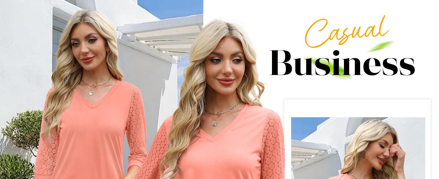 Coral V neck blouse with lace sleeves styled for casual business wear