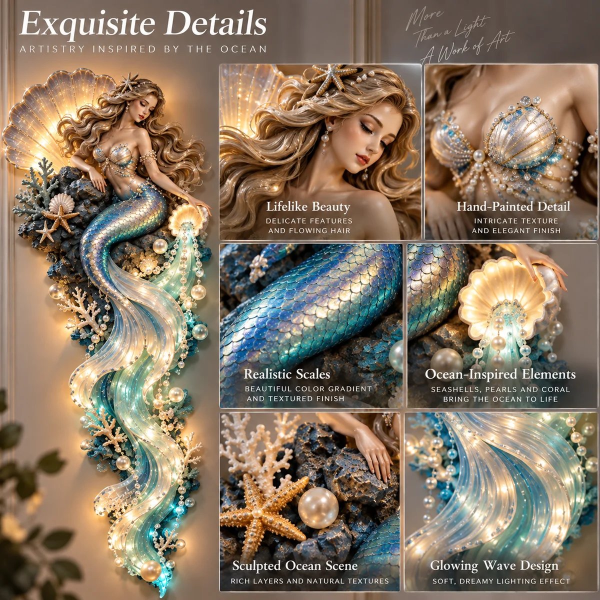 Mermaid wall decor details including flowing hair, patterned scales, shells and pearl-like accents