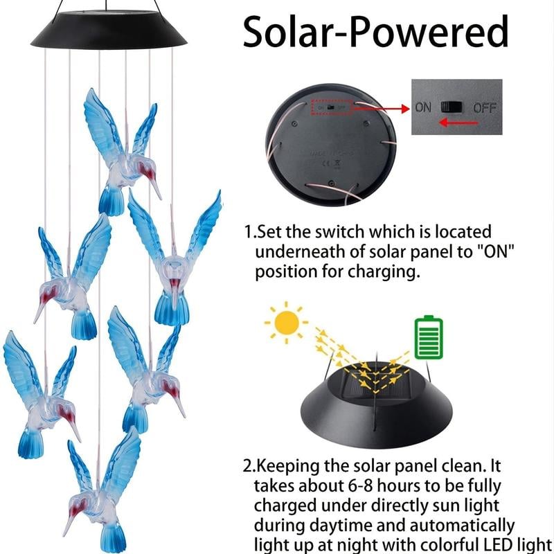 Product Introduction of Creative Bird Design Solar Wind Chimes, 1 Count Summer Color Changing Hummingbird LED Lights, Outdoor Garden Decorative Solar Light Wind Chimes, LED Lights, Solar Lights Outdoor 12