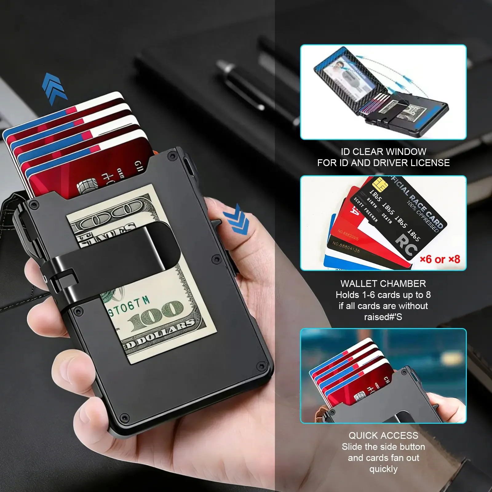Pop-up card access with money clip and ID storage Pop-up card access with money clip and ID storage