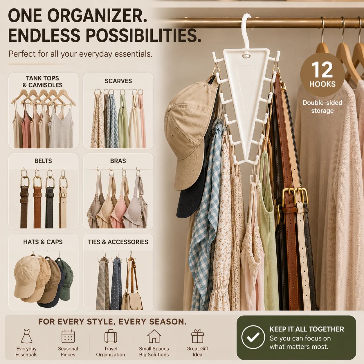 Vertical closet organizer holding tank tops camisoles scarves belts bras hats caps ties and accessories