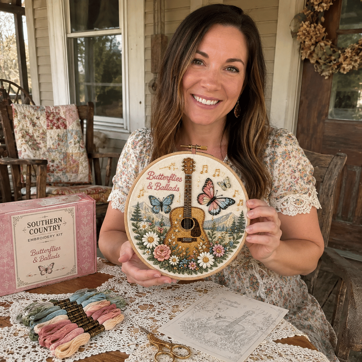 Customer holding her finished Butterflies and Ballads embroidery