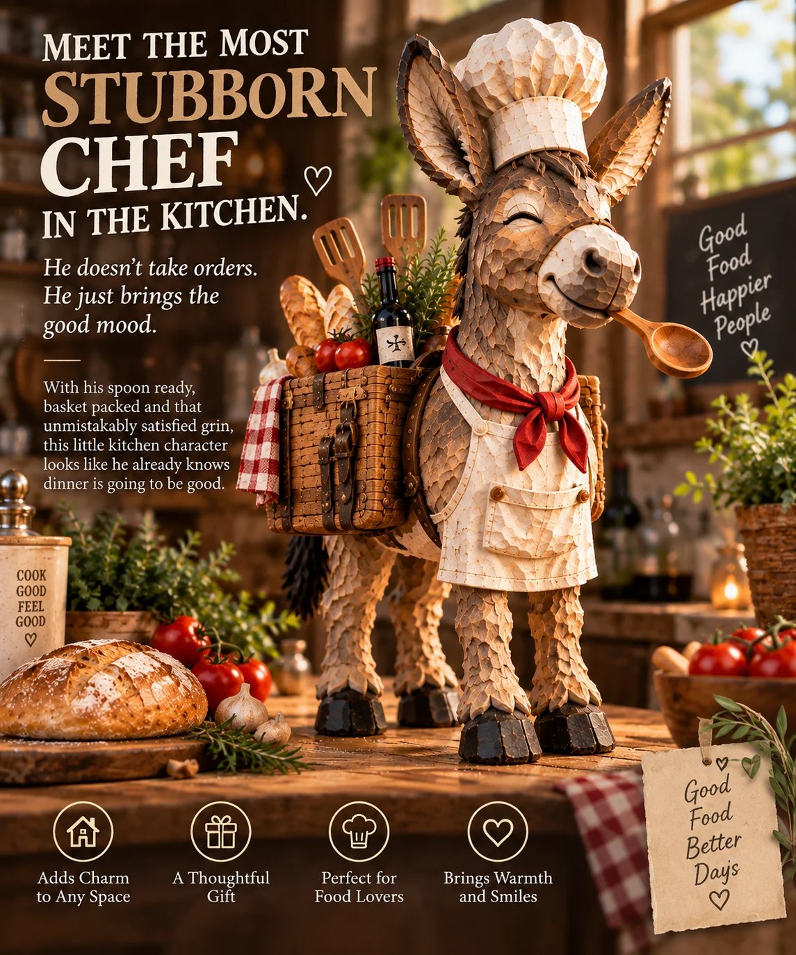 The Stubborn Little Chef donkey character in a cozy kitchen
