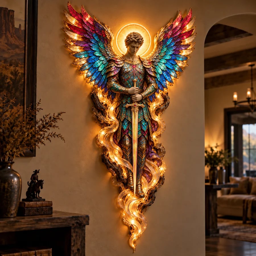 Michael angel wall sculpture holding a downward pointing sword