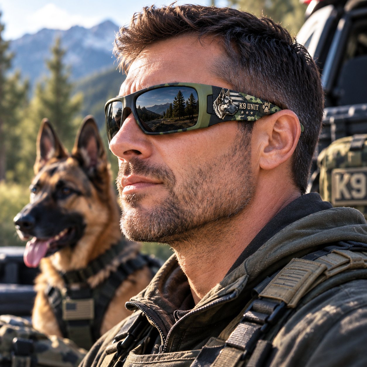 Field Green K9 Guardian sunglasses shown in an outdoor setting