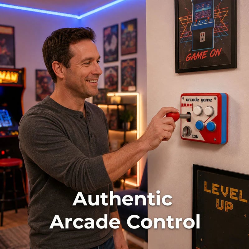 Arcade joystick and button wall panel detail
