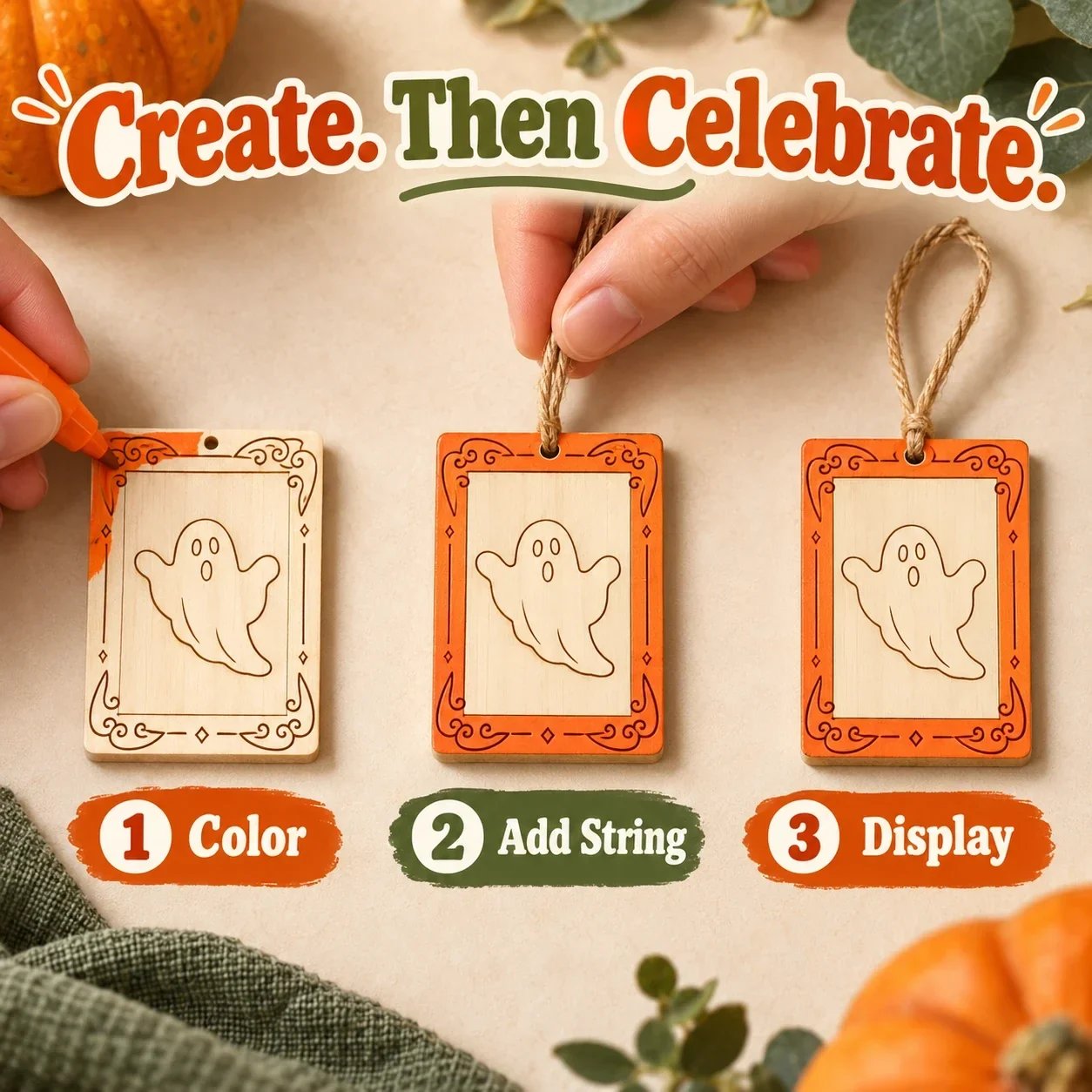 Three steps showing coloring, adding string, and displaying an ornament