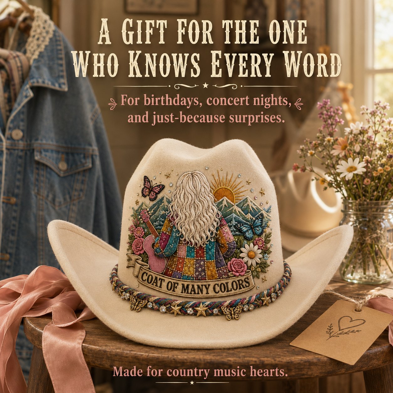 Coat of Many Colors cowboy hat presented as a country music gift