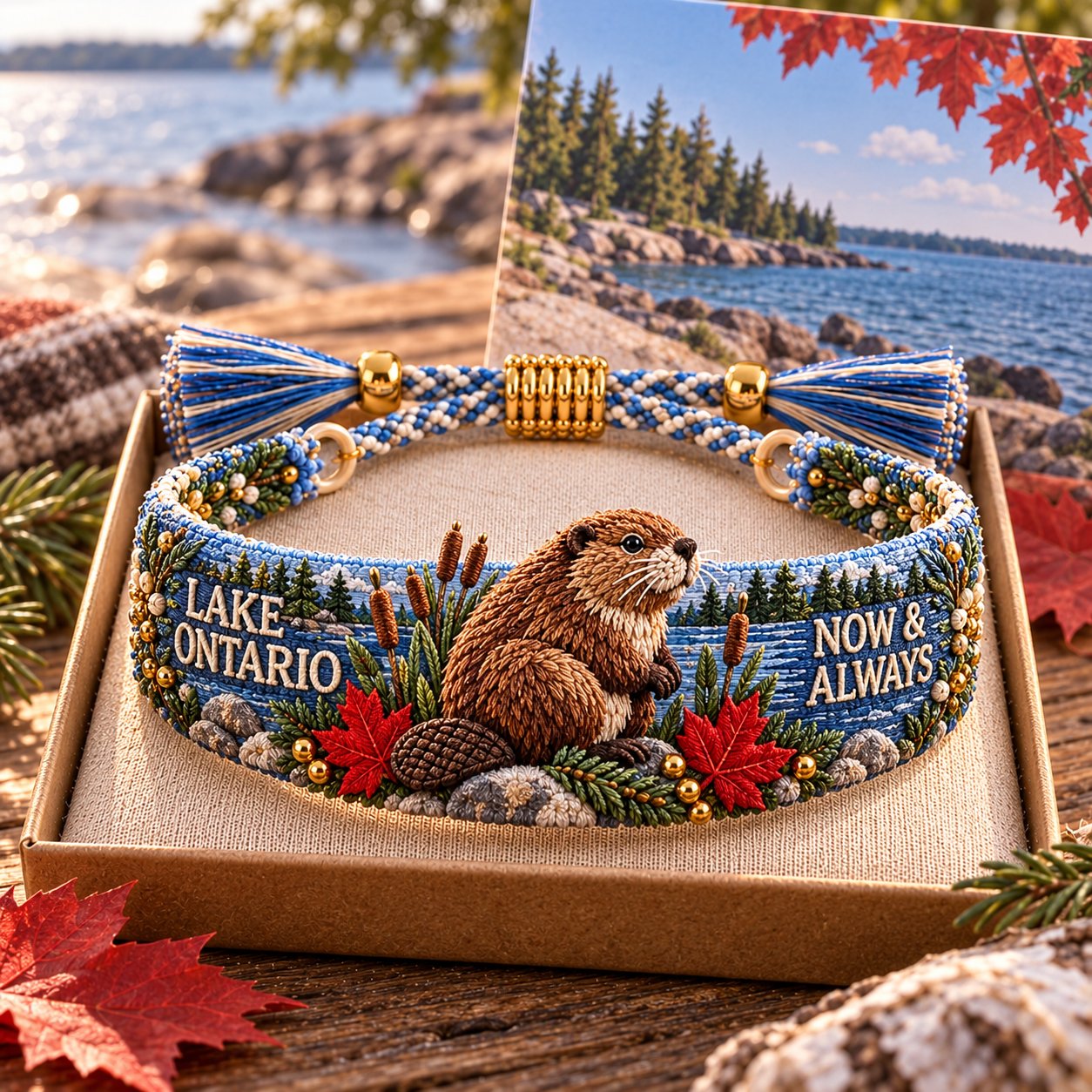 Lake Ontario Now and Always beaver embroidered bracelet