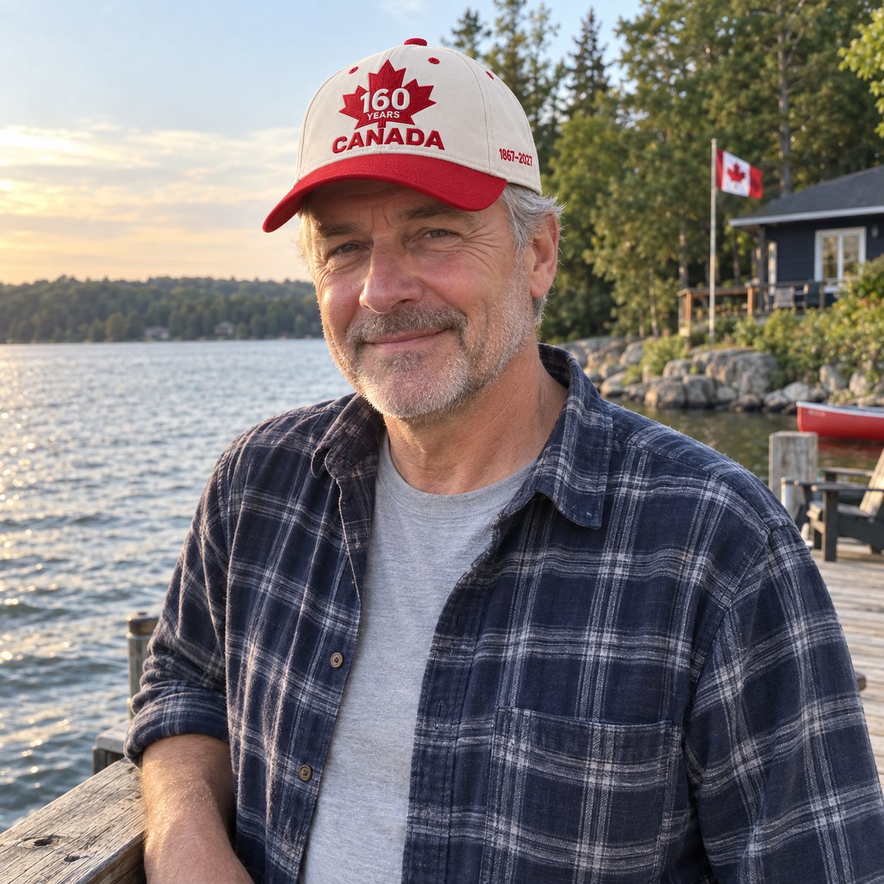 AI-generated scene of a man wearing the ivory and red Canada anniversary cap beside a lake