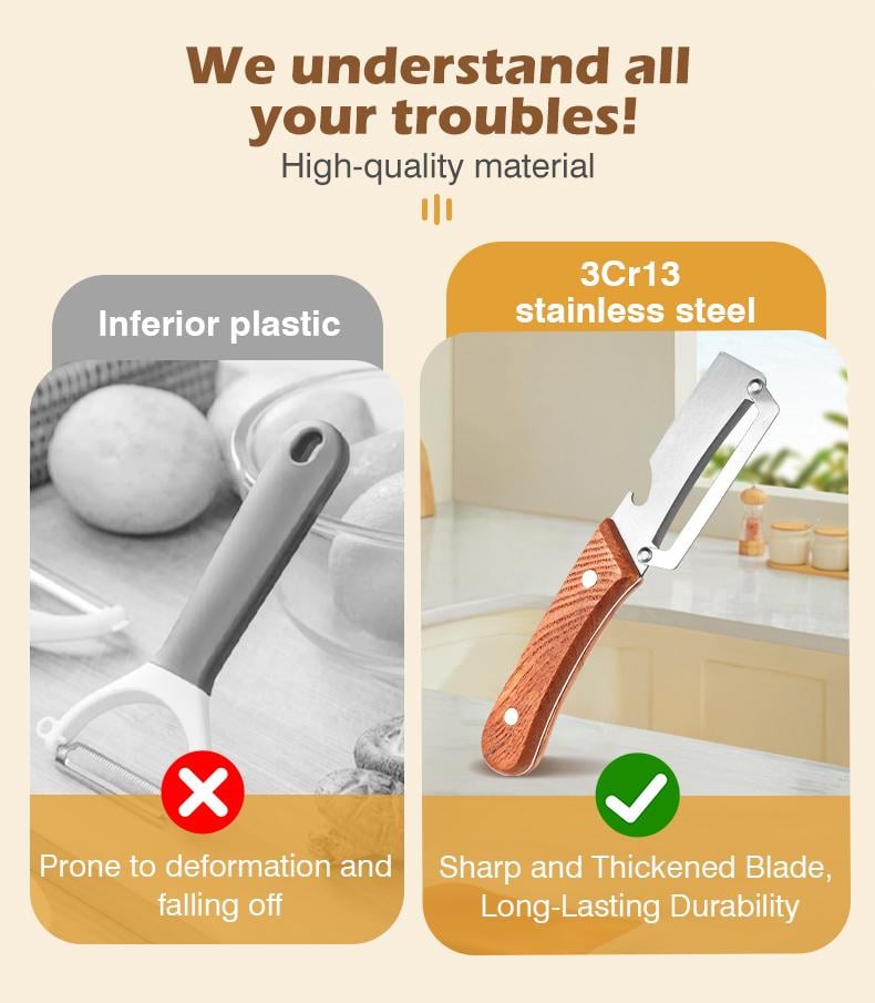 Premium Vegetable & Fruit Peeler – Wooden Handle, Stainless Steel Blade, Built-in Bottle Opener, Ideal for Apples, Potatoes, Pumpkins, Papayas & Zucchinis