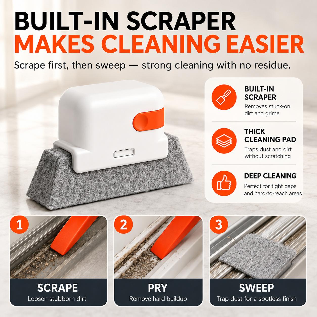 Window Track Cleaner Kit - 2-in-1 Tool with Built-in Scraper, Deep Gap Brush, 2 Replacement Pads for Sliding Doors, Home Cleaning