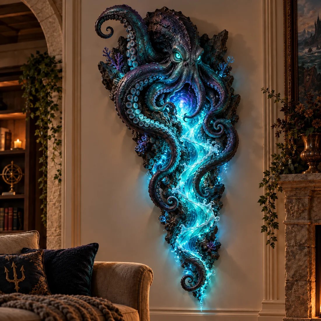 Mysterious Fear · Kraken lighted wall decor in a living room