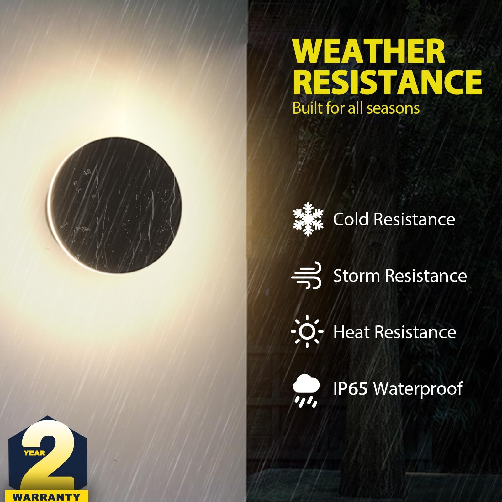 Image highlighting the weather resistance features and 2-year warranty.