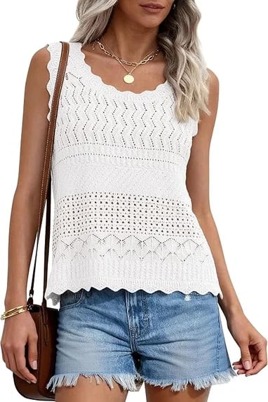 PRETTYGARDEN Womens Crochet Tank Tops Summer Spring Boho Sleeveless Cute Knit Sweater Vest Trendy Beach Vacation Clothes