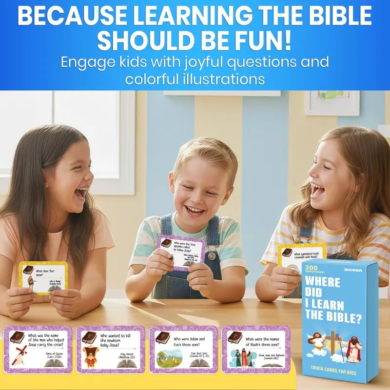 Family playing Bible trivia card game together