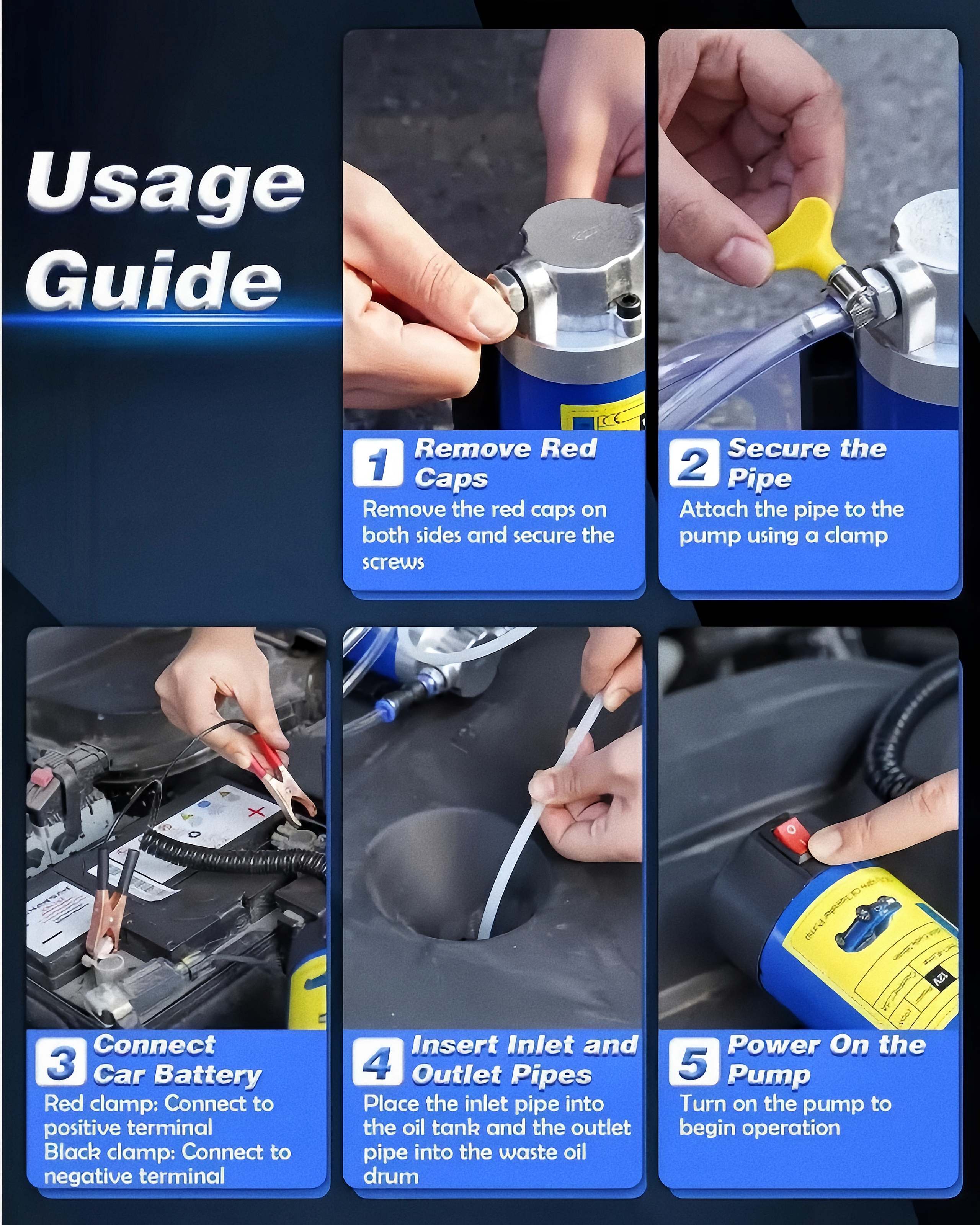 Five-step usage guide showing pump setup, battery connection and switch on