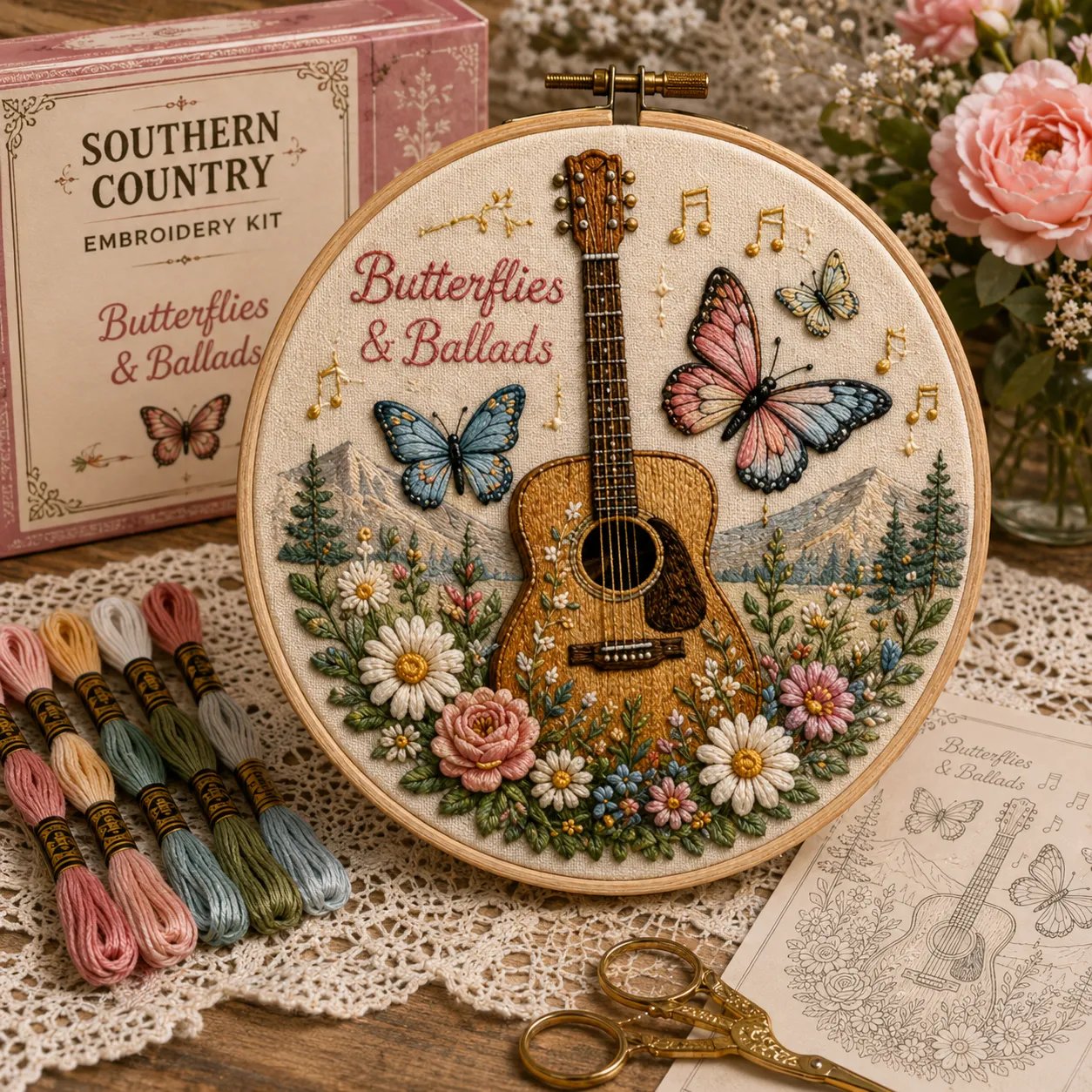 Butterflies and Ballads country embroidery kit design