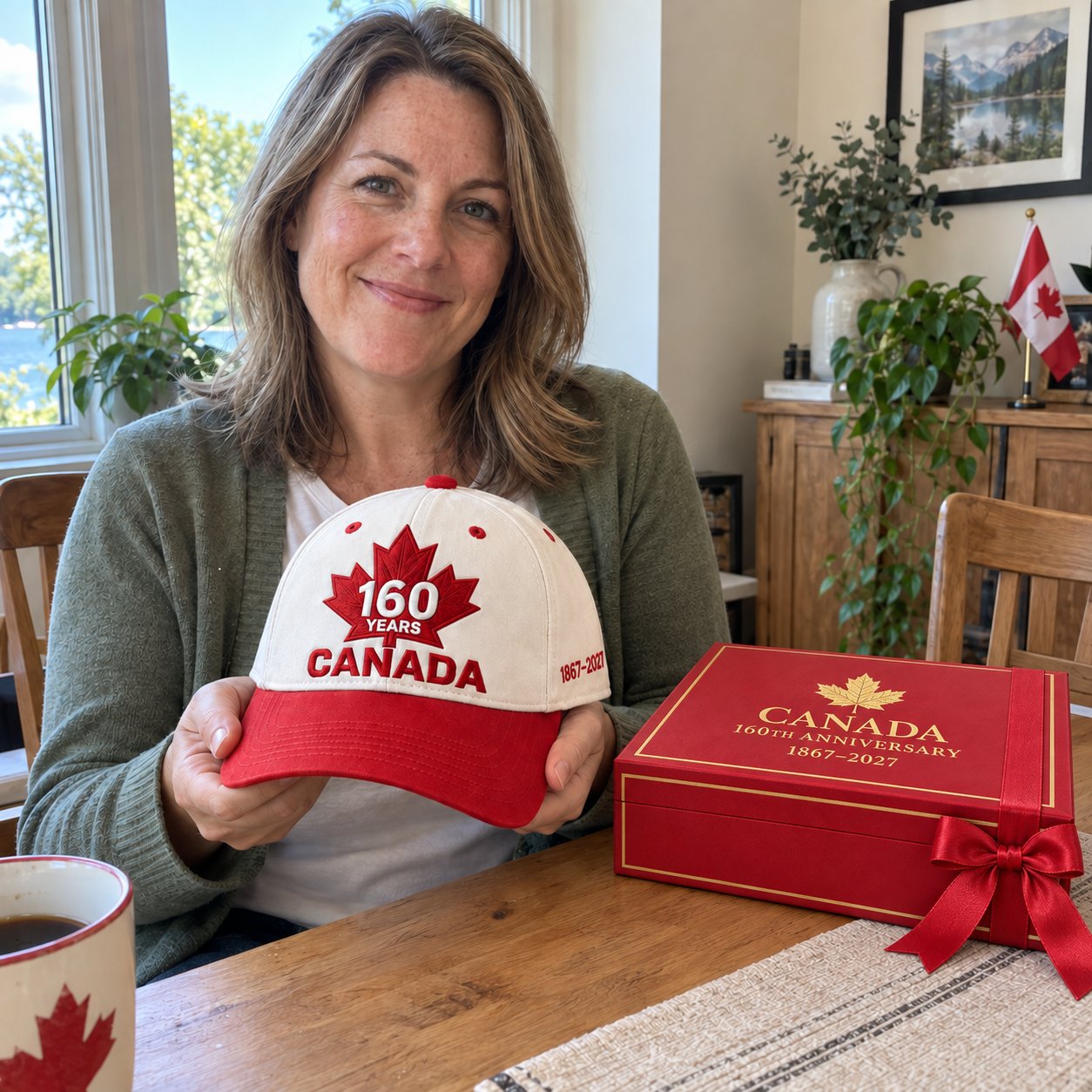 AI-generated scene of a woman holding the anniversary cap at home beside its closed red and gold gift box