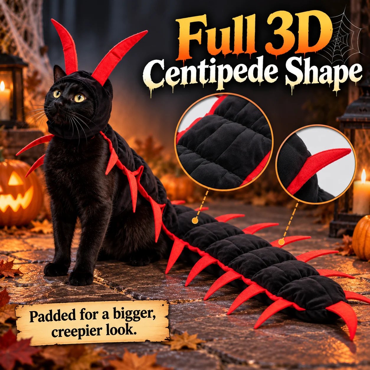 Golden accented centipede pet costume overview