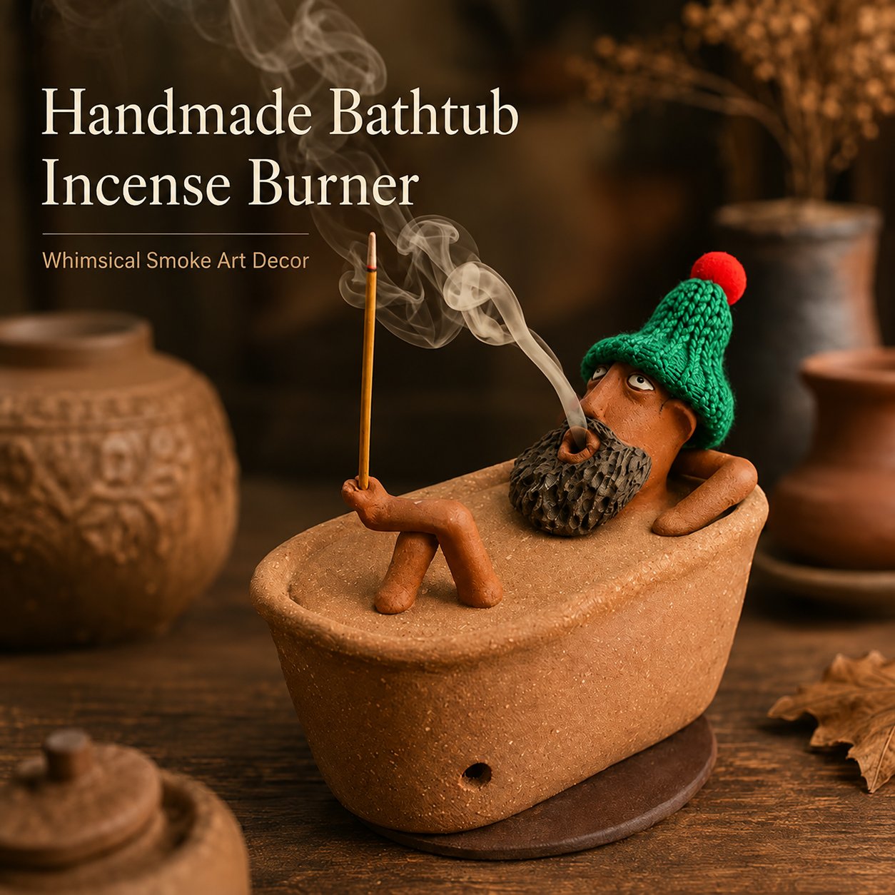 Handmade bathtub character incense holder with smoke effect