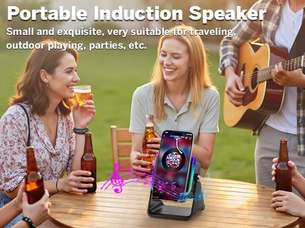 Wireless Induction Audio Speaker Stand, 5in1 Cellphone Holder, 3500mAh Rechargeable Emergency Power Bank,360° Adjustable Mobile Tablet Stand with Colorful Ambient Light Gifts for Men Women