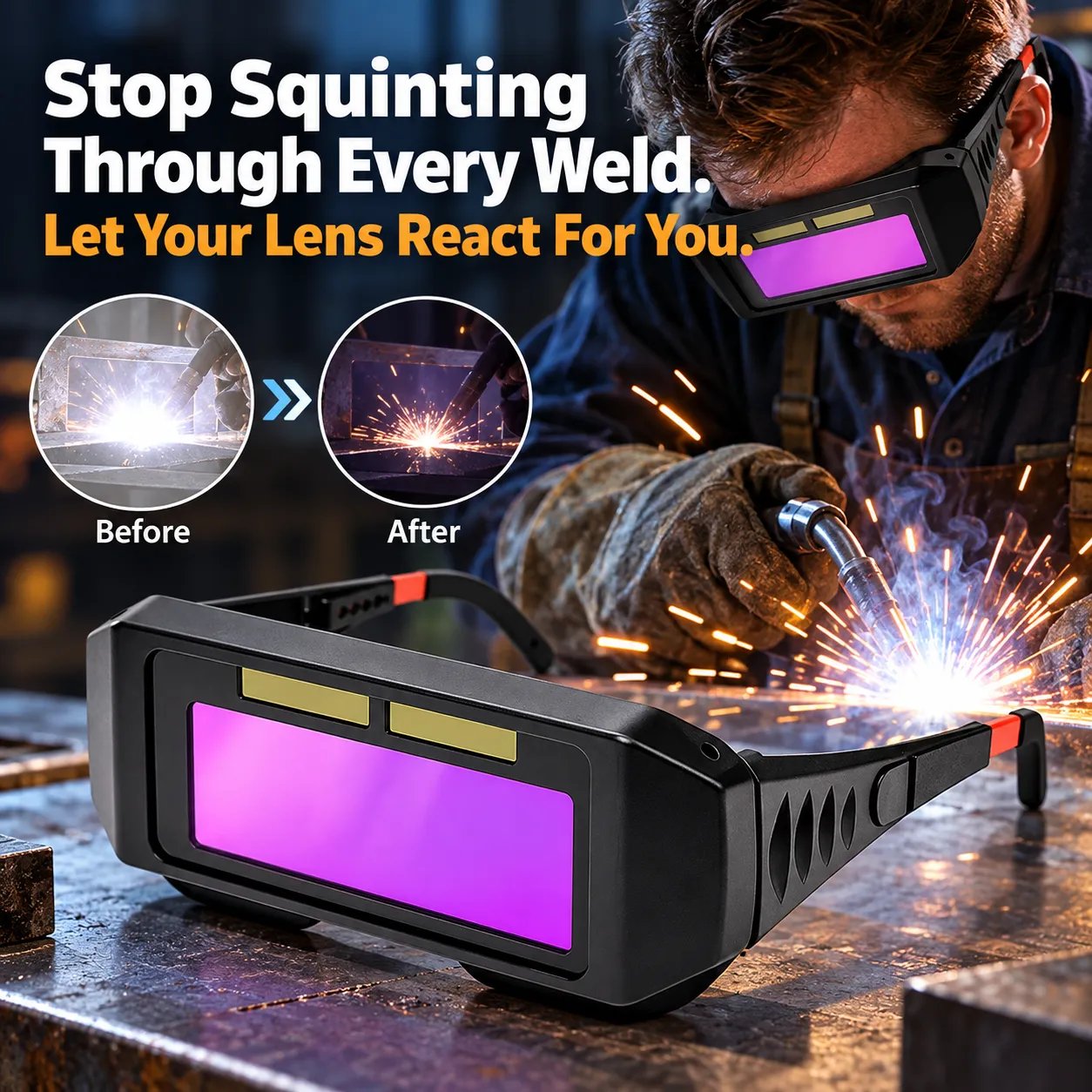 Welder wearing solar auto-darkening welding goggles