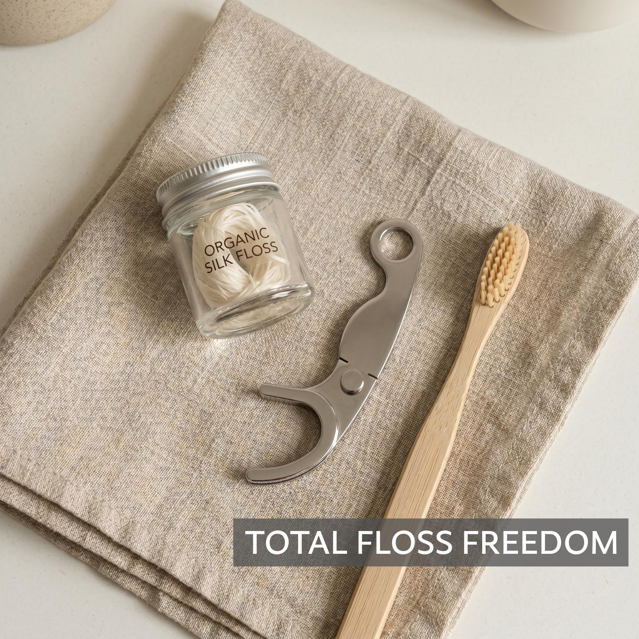 Woman using stainless steel floss pick