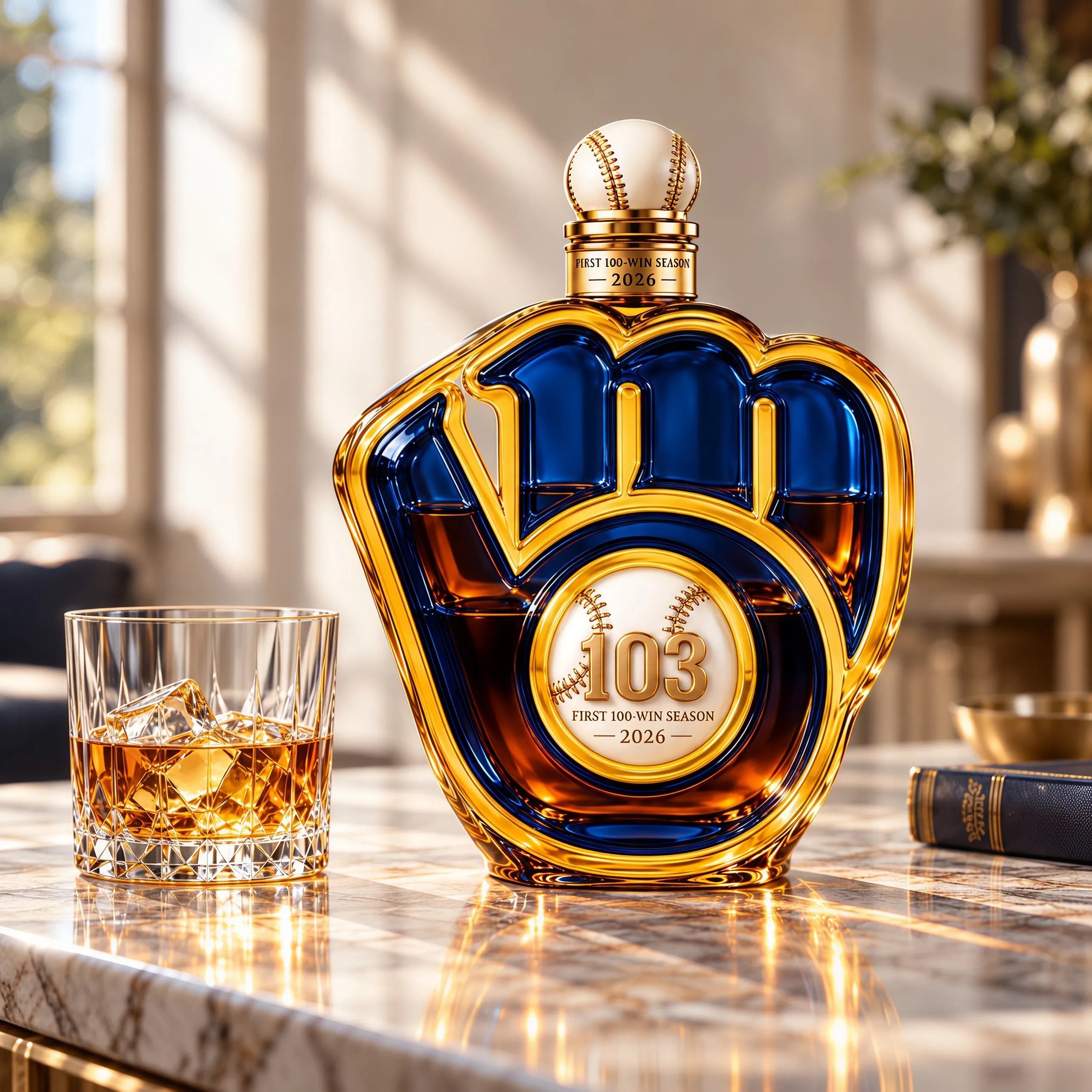 Commemorative baseball whiskey bottle shown as a collector piece