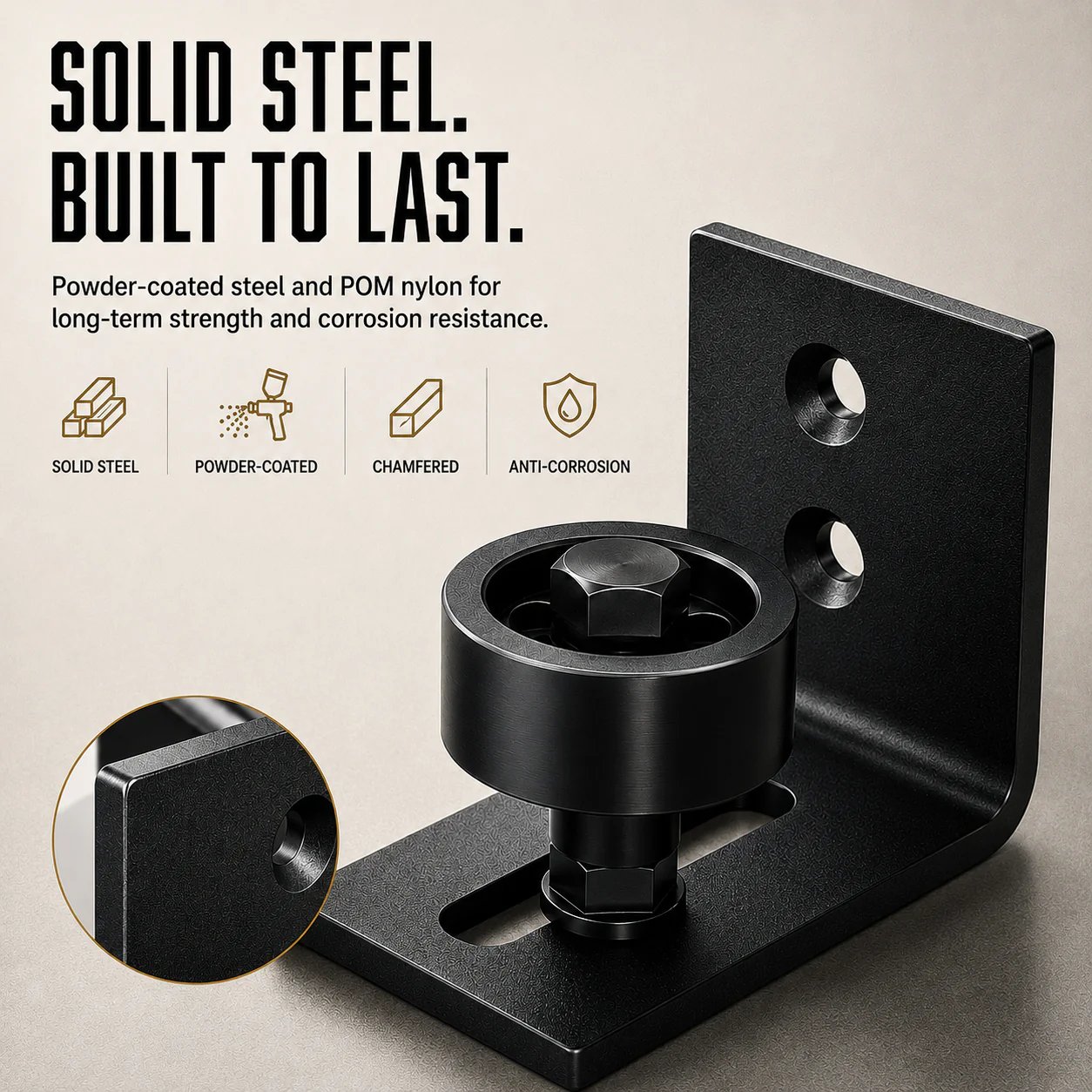 Close-up of solid steel bracket with powder-coated finish and POM nylon roller