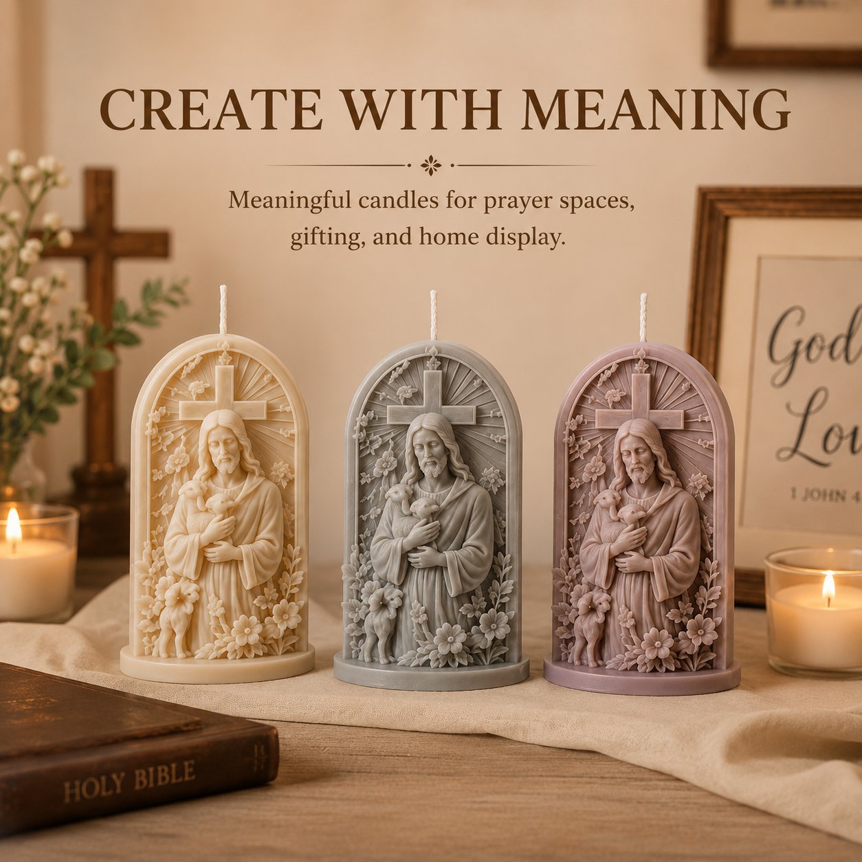 Faith-inspired candle displayed in a peaceful prayer space