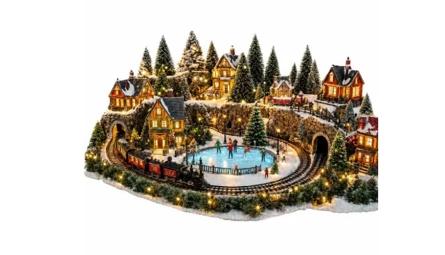 Animated holiday train and ice rink Christmas scene