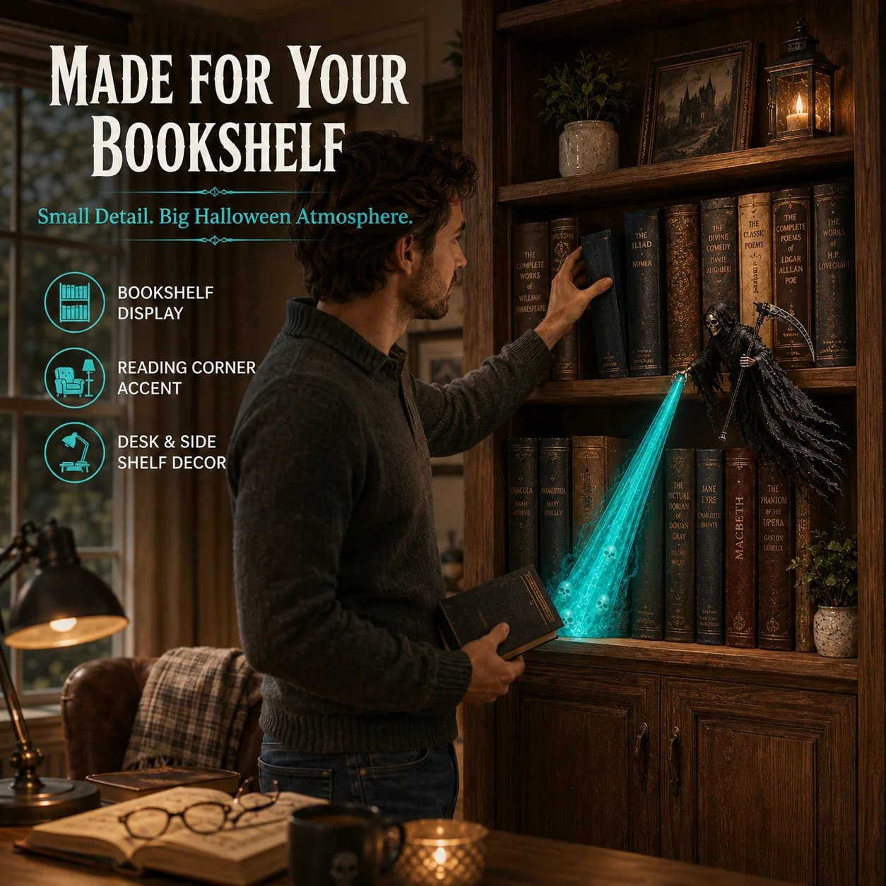 Soul Harvester displayed on a bookshelf in a reading room