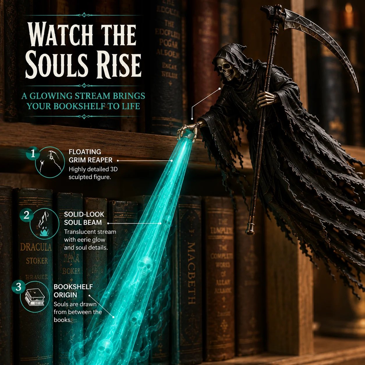 Glowing soul stream and floating Grim Reaper detail