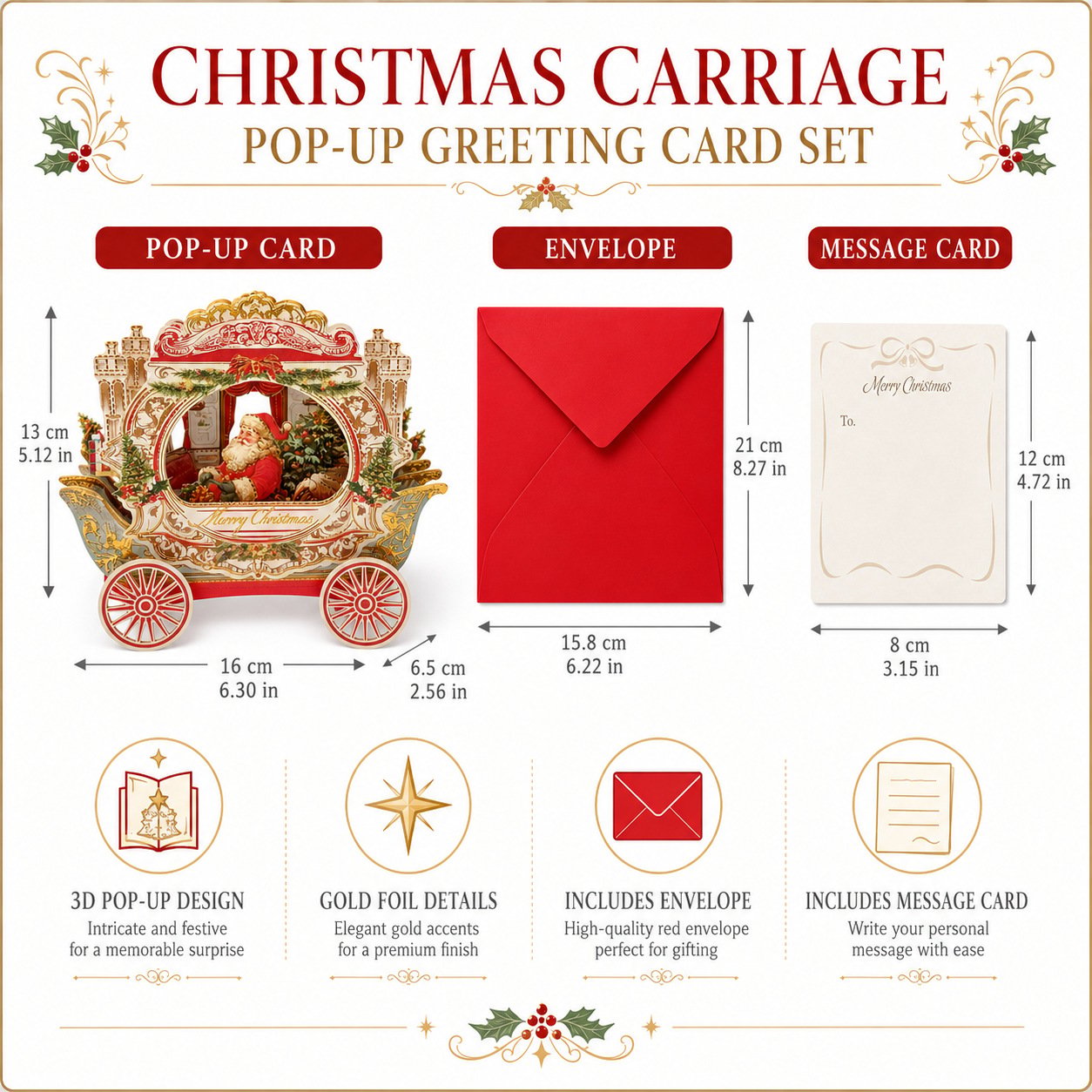 Christmas pop-up carriage card package and dimensions