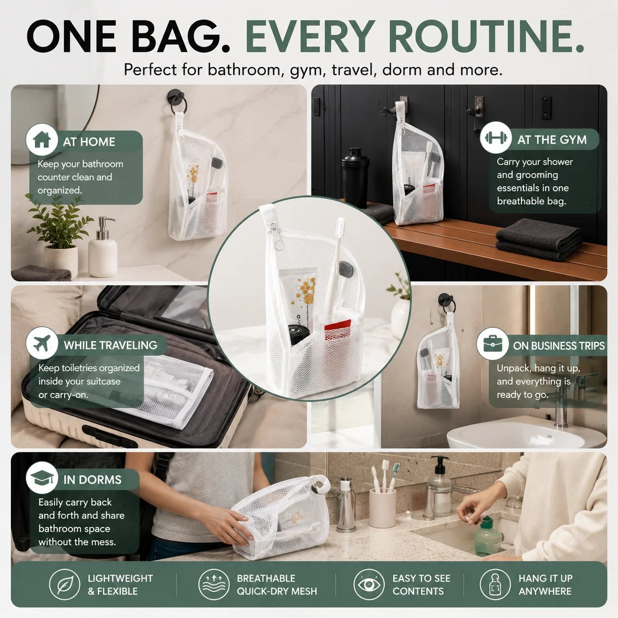 Portable mesh toiletry organizer for bathroom gym dorm and travel