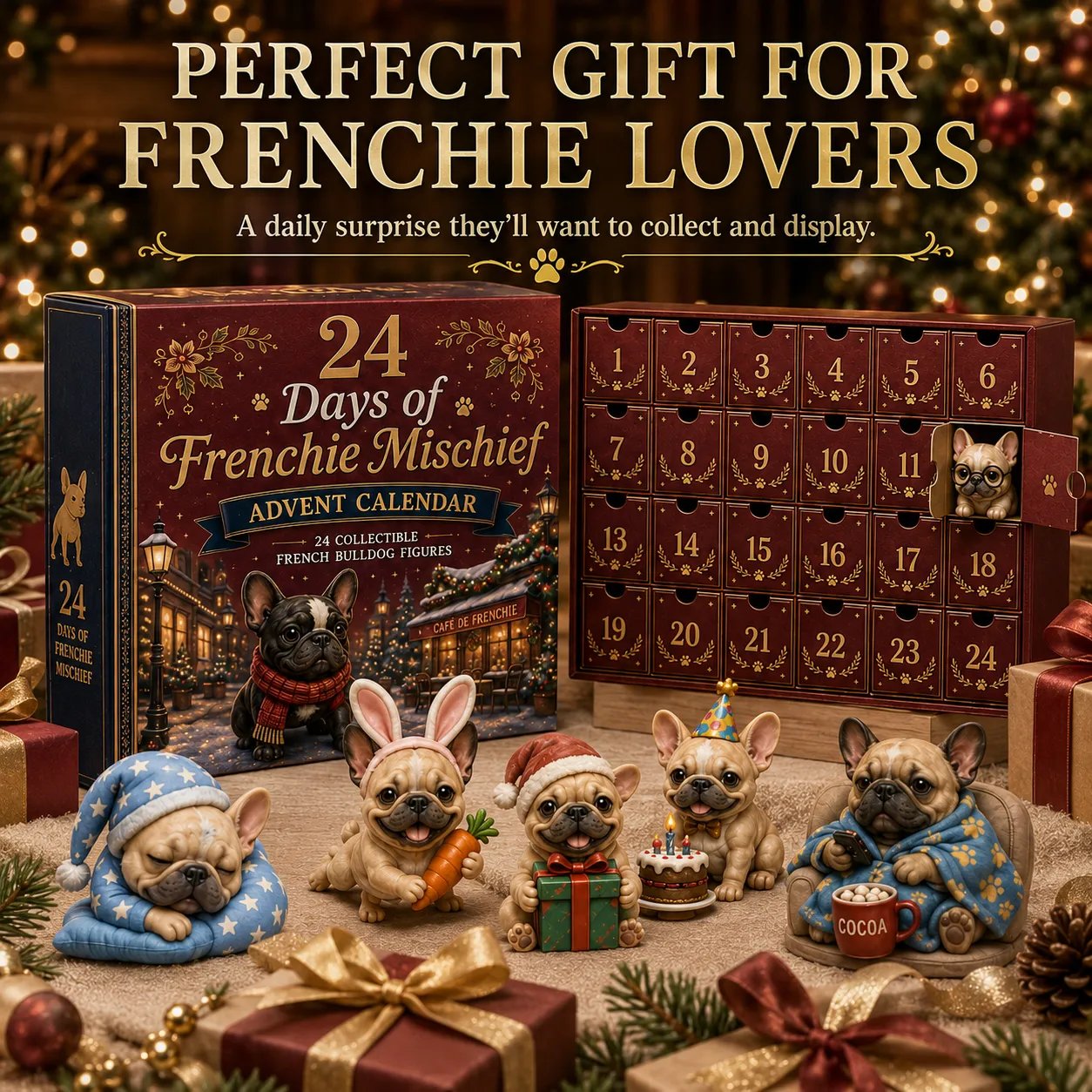 24-Day French Bulldog Christmas Advent Calendar – 24 Unique Frenchie Characters Christmas display