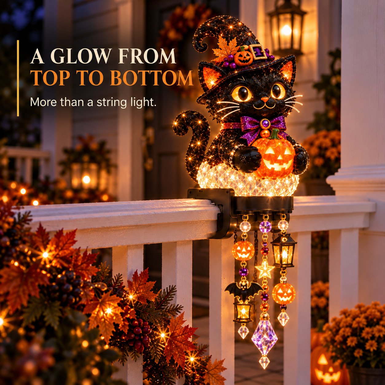 Glowing Halloween railing display at night