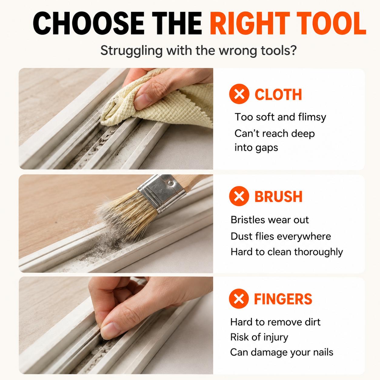 Window Track Cleaner Kit - 2-in-1 Tool with Built-in Scraper, Deep Gap Brush, 2 Replacement Pads for Sliding Doors, Home Cleaning