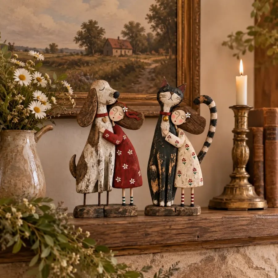 Dog and cat friendship figurines displayed on a warmly styled mantel