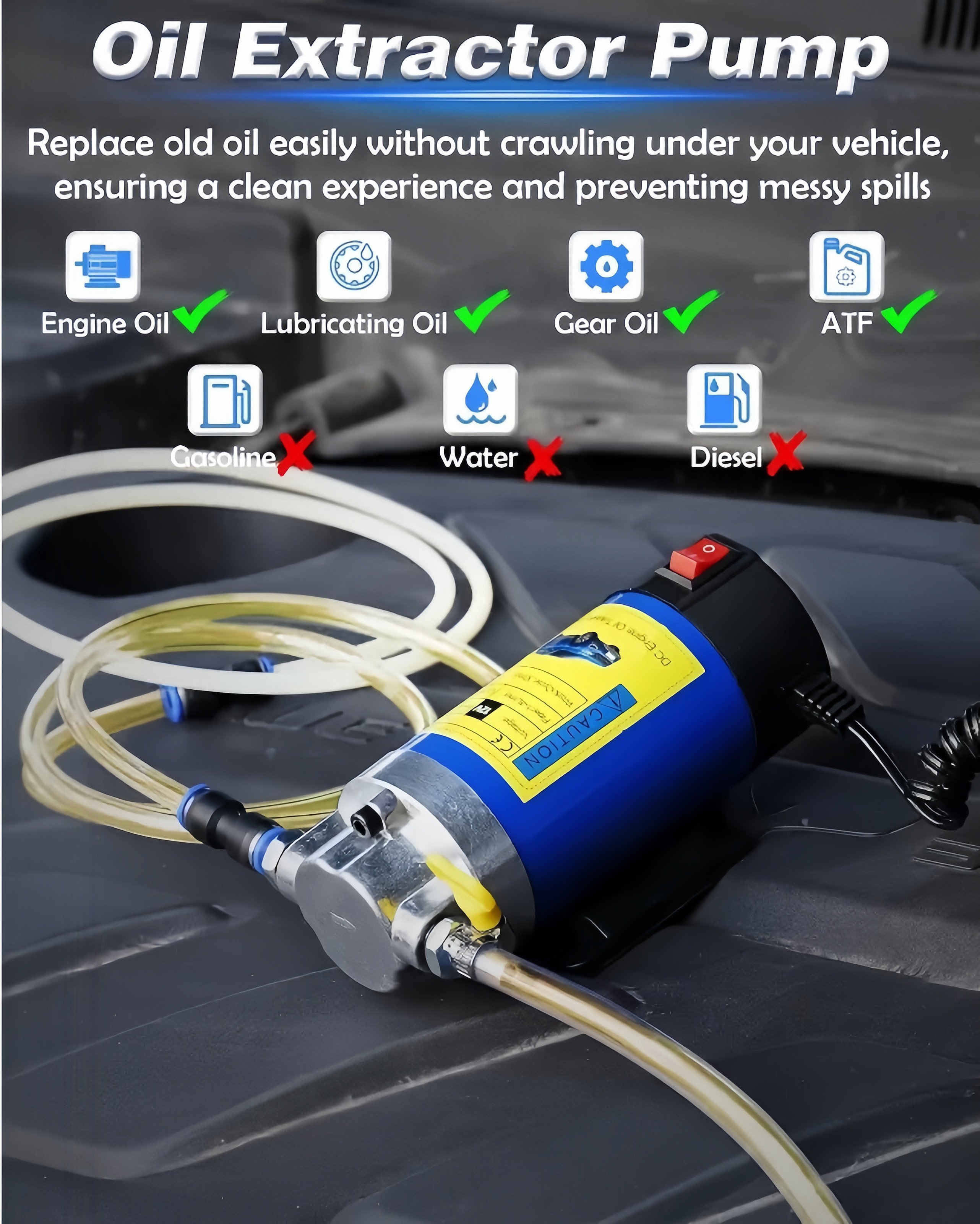 12V 100W oil extractor pump with tubes shown on an engine bay