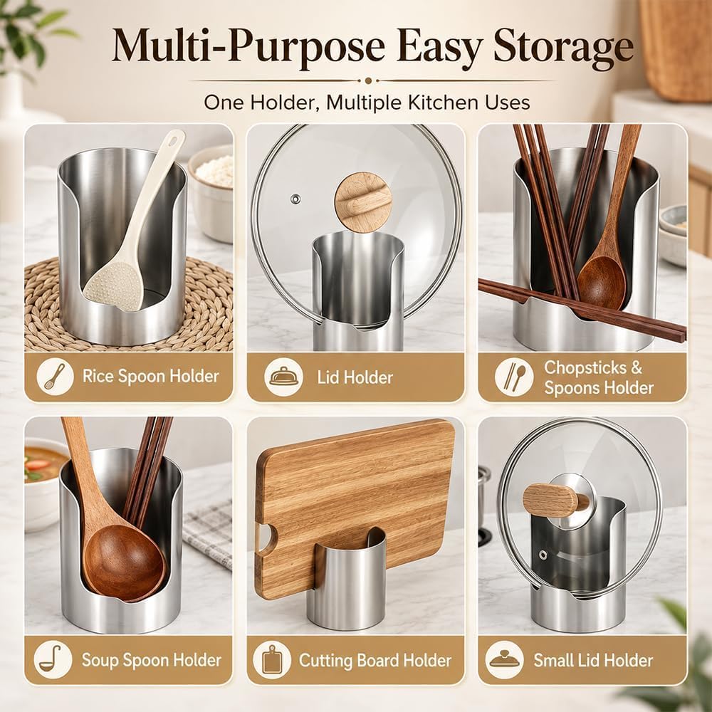Multi-purpose kitchen holder for rice spoons pot lids chopsticks ladles and cutting boards