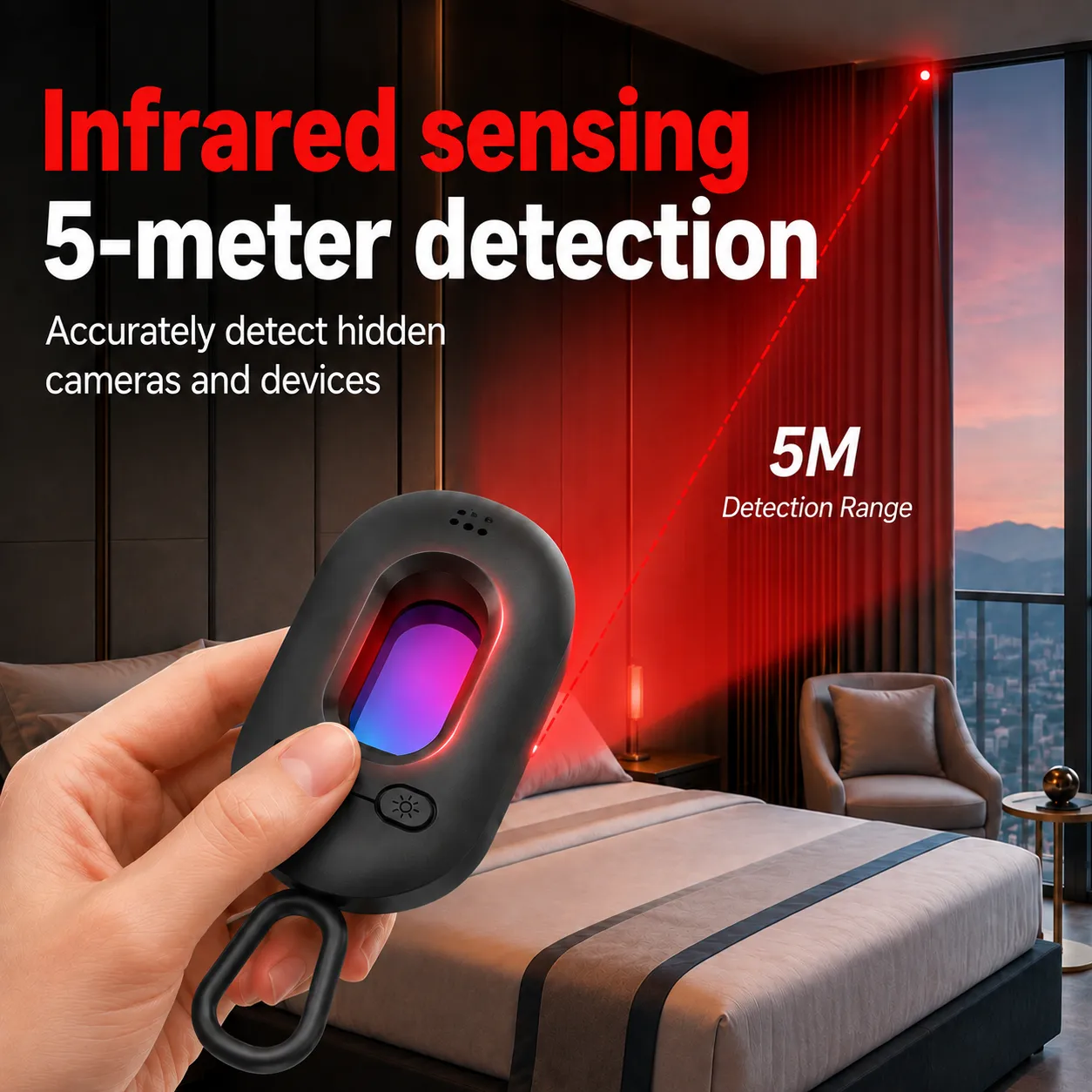 Handheld infrared hidden camera detector demonstrating a five-meter room scanning range