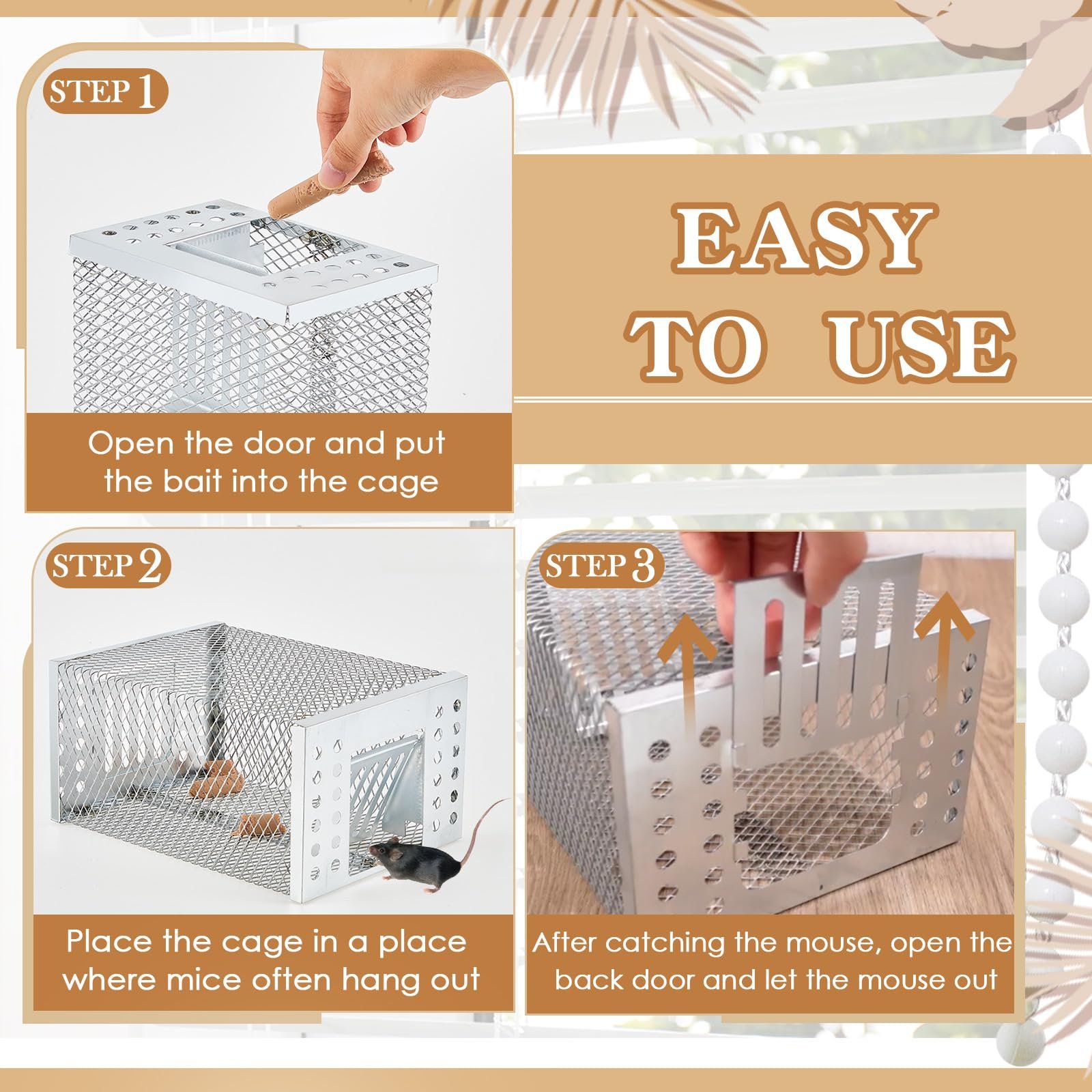 A 3-step diagram showing how to use the trap: baiting, placing, and releasing